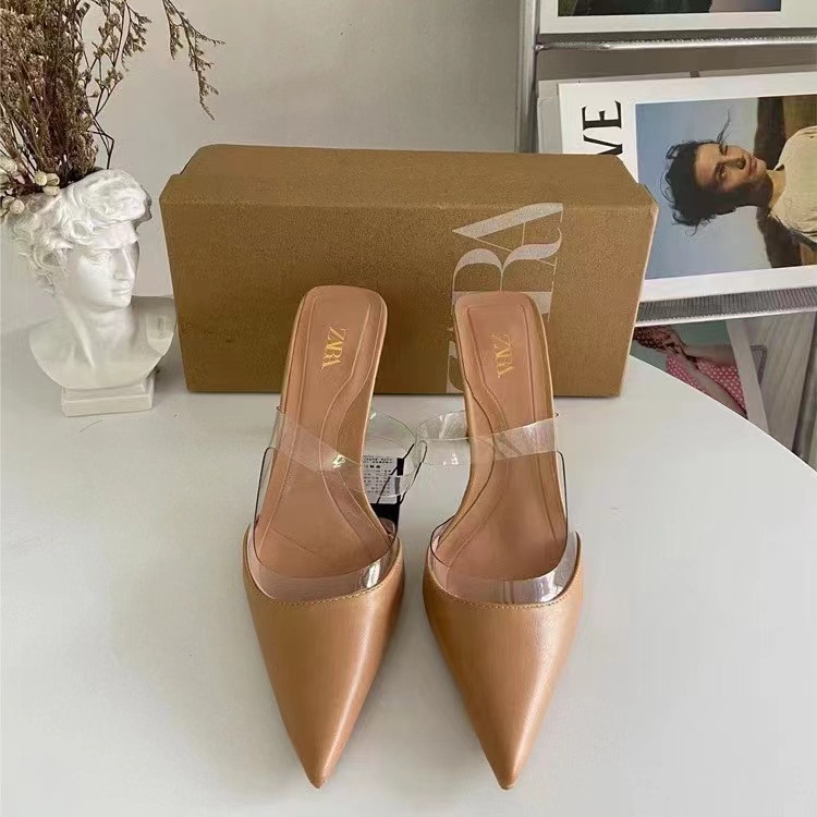 ZA New Product 2024 High Heel Women's Shoes with Pointed Splicing PVC Shallow Mouth Rear Hollow Metal Series Wine Glass Heels and Bare Heels Sandals for Women