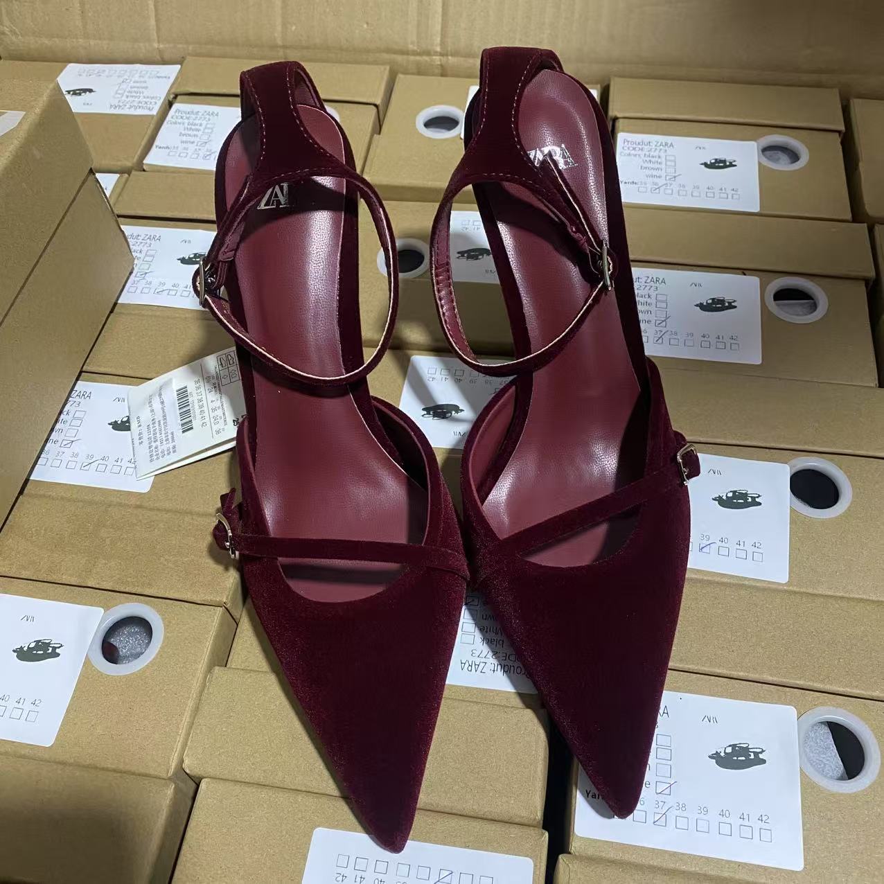 Za2025 Spring New Women's Shoes Wine Red Suede Pointed Shallow Mouth High Heels Muller Shoes One Button Thin Strap Women's Shoes