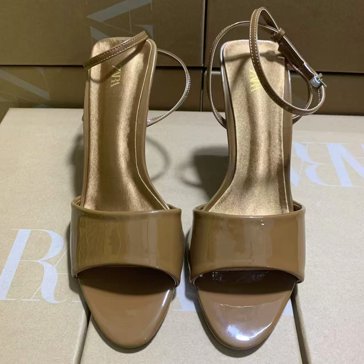 ZA Home 2025 New Women's Shoes Low Heel Style High Heels for socialites, with shallow toe caps and a back strap, single shoe brown toe exposed