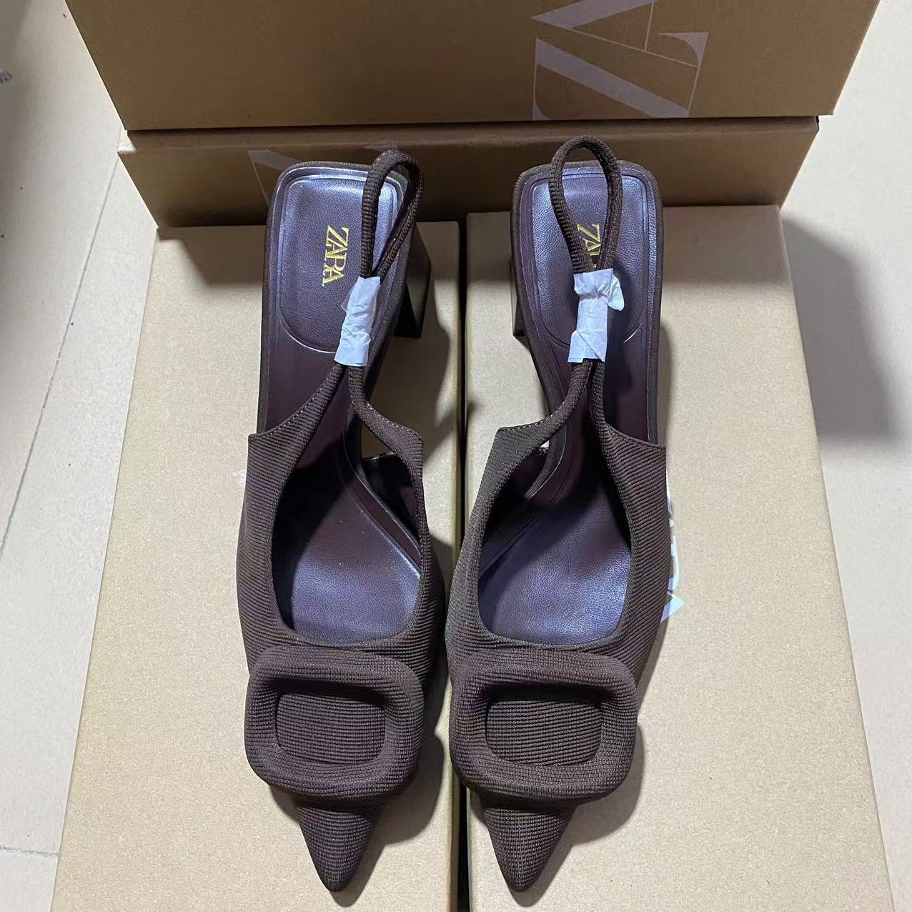 ZA Foreign Trade 2024 Summer New Women's Shoes with Square Buckle Buckle, Sharp Pointed Thick Heel Sandals, Headless Back