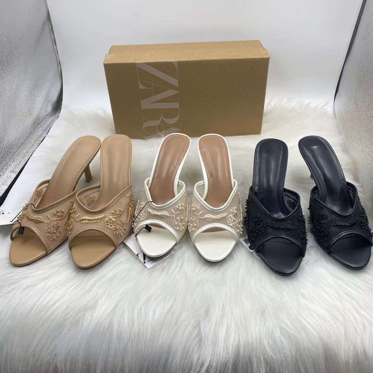 ZA2024 Autumn New Style Rear Strap Fashion High Heels Fish Mouth Embroidered Beaded Mesh Sandals Women's Trendy