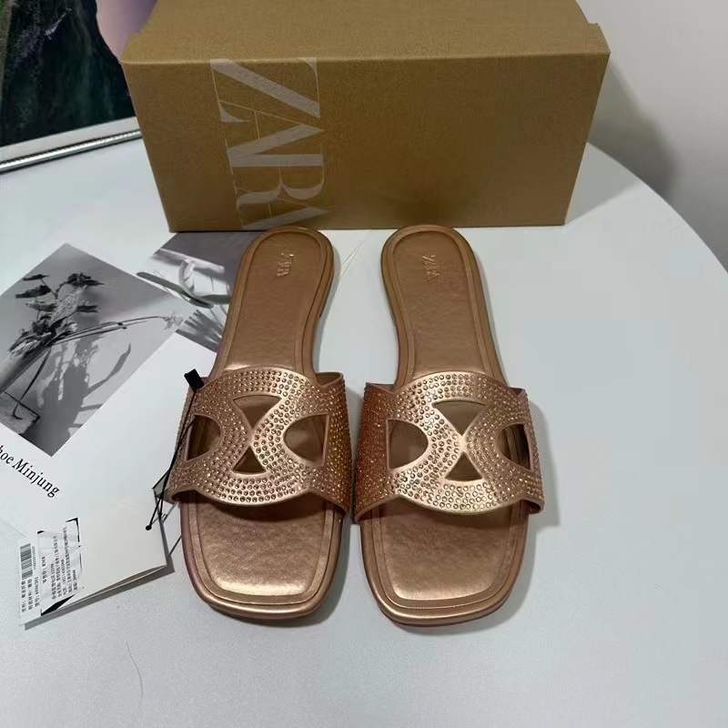 ZA's new 2024 fashionable sandals with square toe, straight strap, hollow out, niche design, exposed toe, empty back, half drag sandals for women
