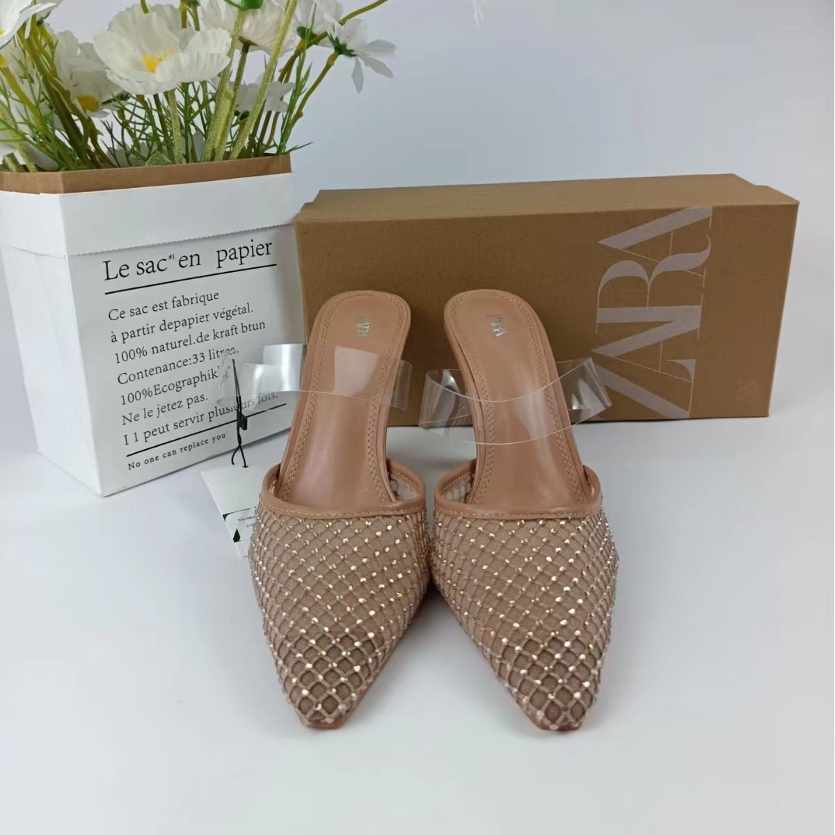 ZA2024 New Casual Versatile Pointed Hollow Transparent Stiletto High Heels for Summer Outerwear with Headless Half Slippers for Women