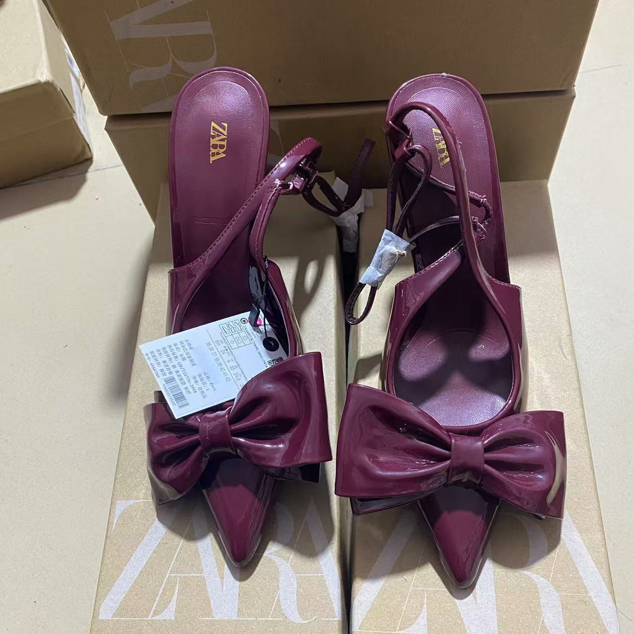 ZA2024 autumn new wine red patent leather bow decoration French pointed hollow back strap high-heeled sandals