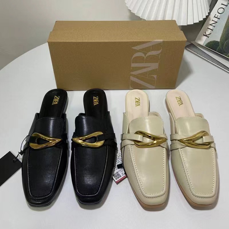 2024 Spring New TR Women's Shoes White Metal Decoration Details Bare Heel Boat Shoes Round Head Half Trailer Flat Single Shoes