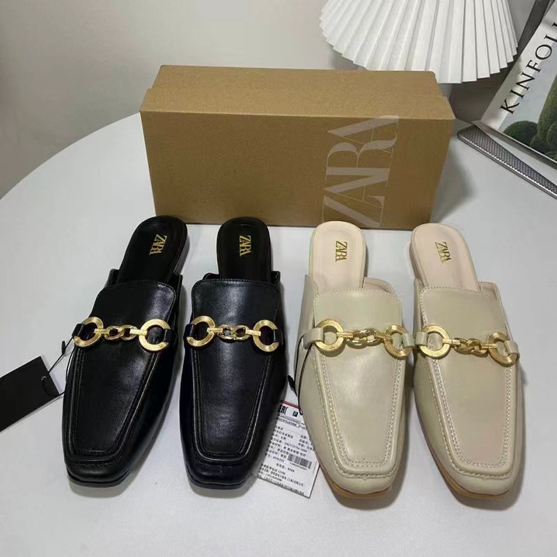 ZA2024 New Summer Flat Sandals Women's Metal Chain Shallow Mouth Square Head European and American Baotou Back Air Cool Slippers Women