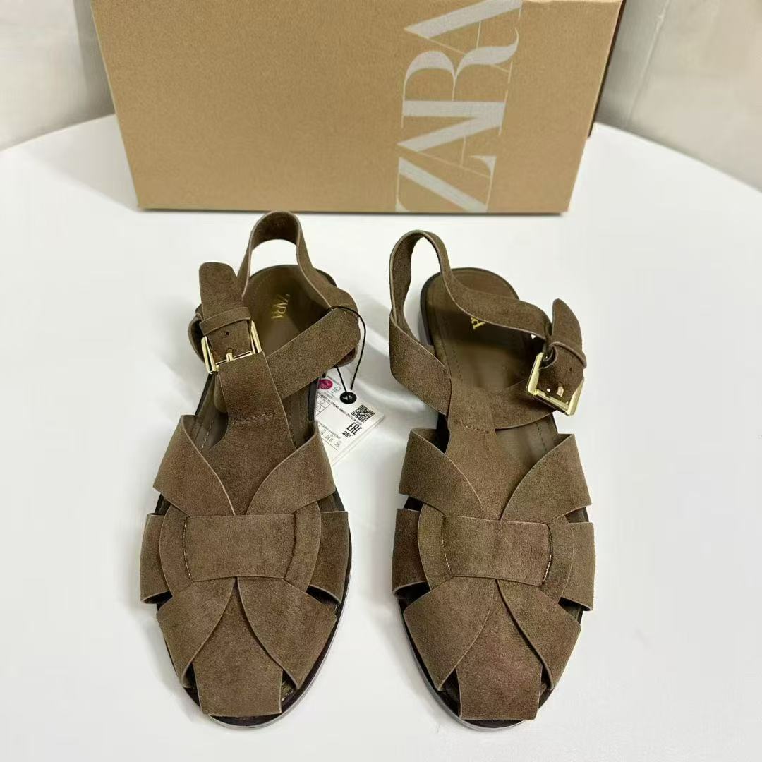 ZA2025 Summer New Hollow Round Head Sandals Women's Bag Head Versatile Lightweight and Comfortable Flat Roman Beach Women's Shoes