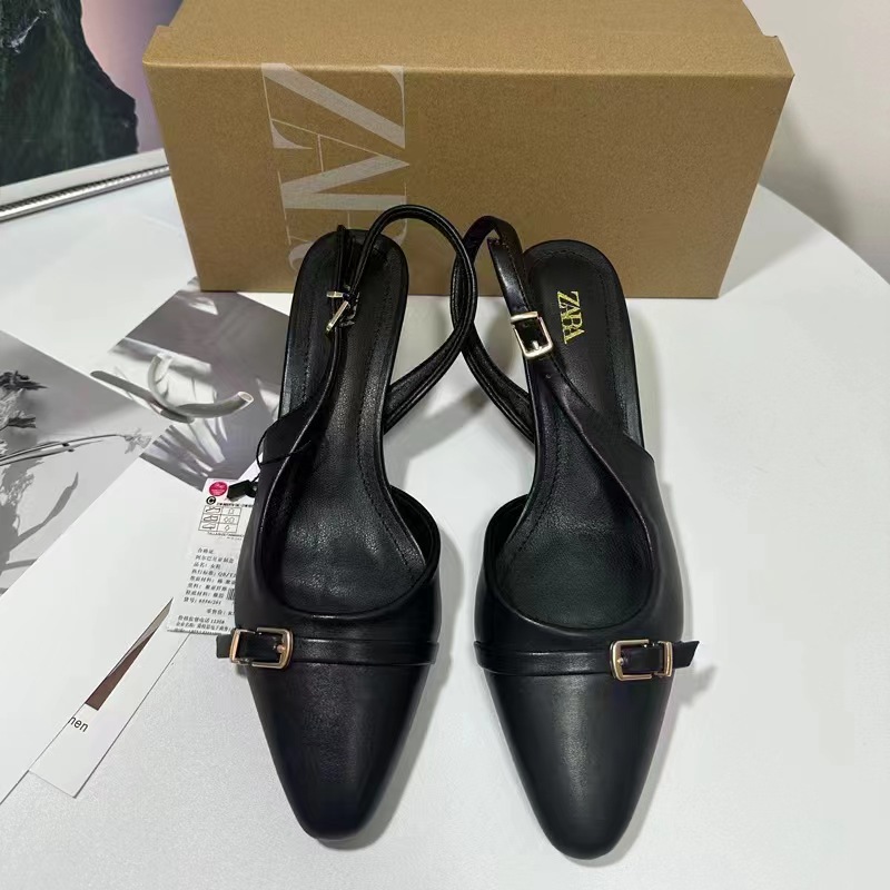 ZA New Product 2024 European and American Fashion Coarse Heel Square Head Shallow Mouth Hollow Rear Strap Buckle Fashion Sandals for Women