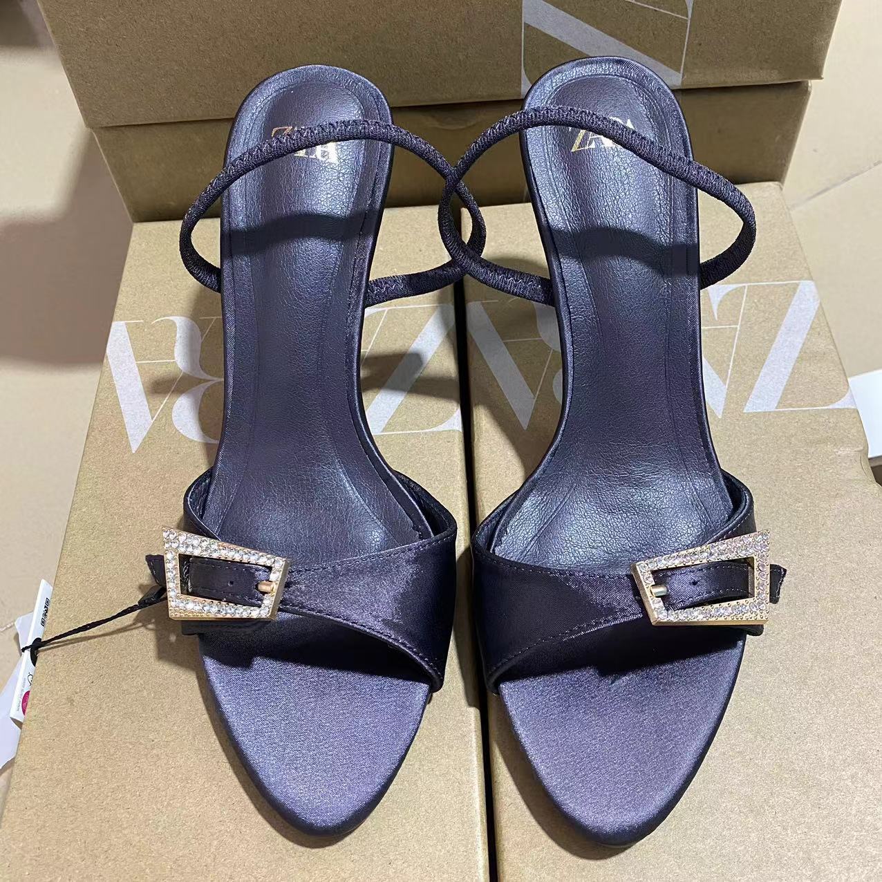 ZA2024 Summer New High Heel Rear Tripper Strap with Water Diamond Buckle Decoration Fashionable Outerwear Women's Sandals