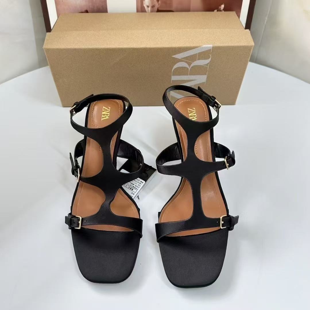 ZA2025 New Spanish Black Women's Shoes Fashion Shallow Mouth Leakage Finger Back Strap Thin Heel Strap High Heel Sandals
