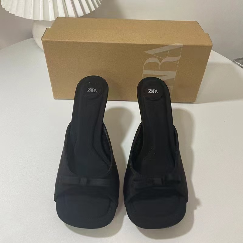 ZA summer new 2024 fashion French square toe women's shoes with bow decoration and exposed toe back empty sandals for women