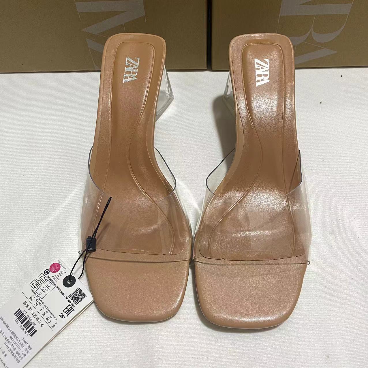 New 2024 women's shoes with square toe PVC exposed toe glass heel and rear exposed heel fashion single shoes sandals for women