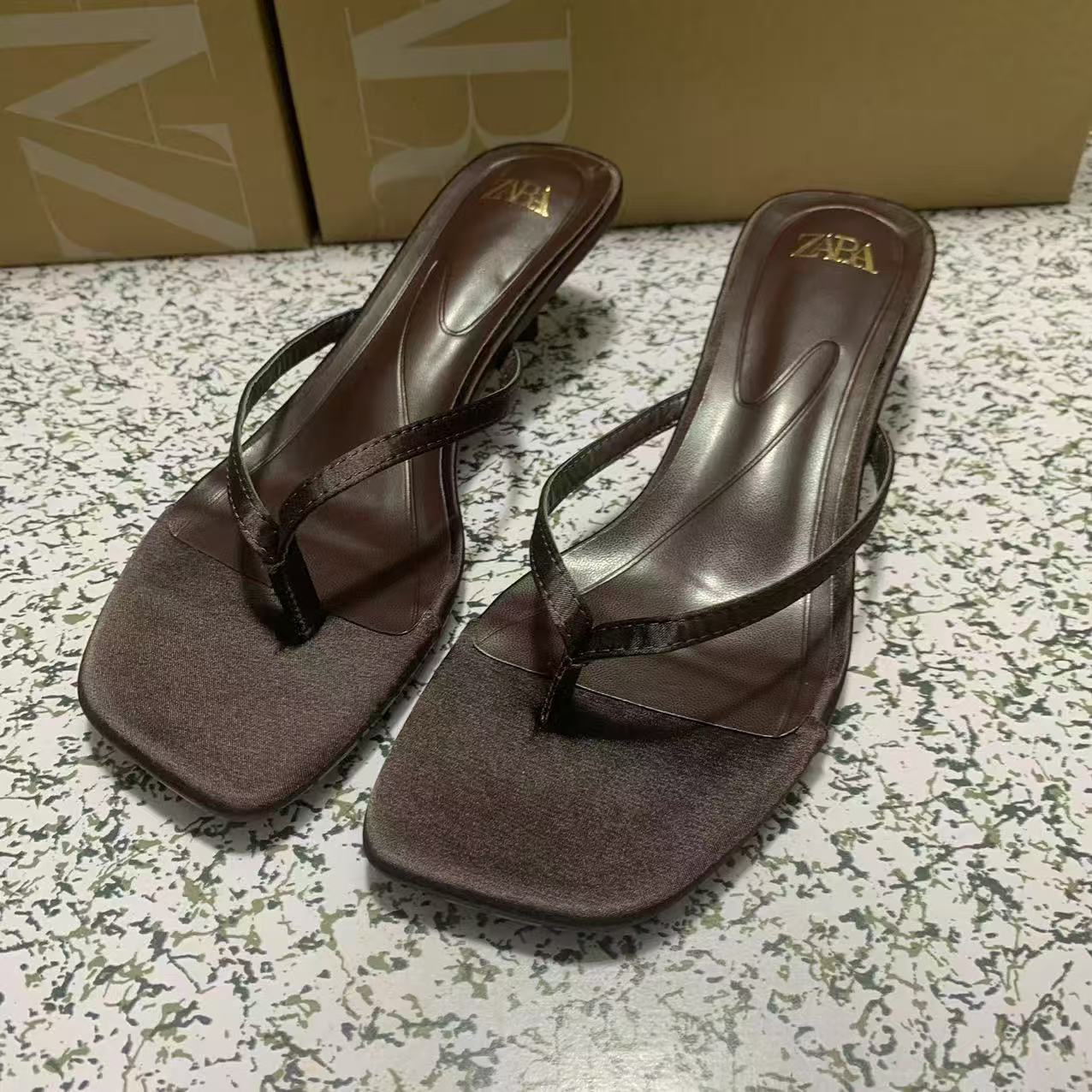 ZA new product 2025 summer French square toe high-heeled herringbone clip toe exposed back exposed heel fashion sandals for women