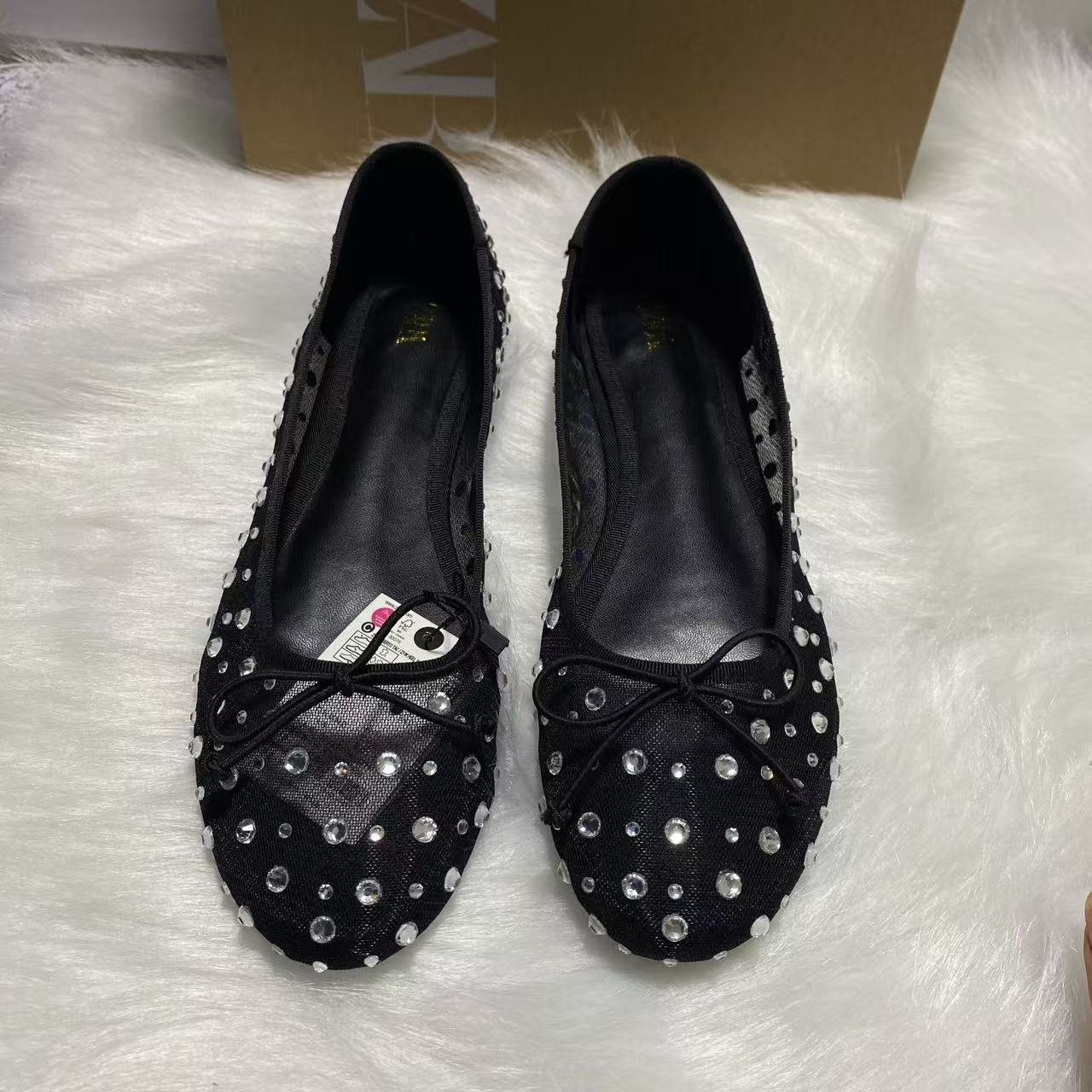 ZA2025 Autumn and Summer New Product Flat Bottom Shallow Mouth Water Diamond Mesh Cloth Baotou Flat Heel Ballet Shoes Bow Jewelry Single Shoes