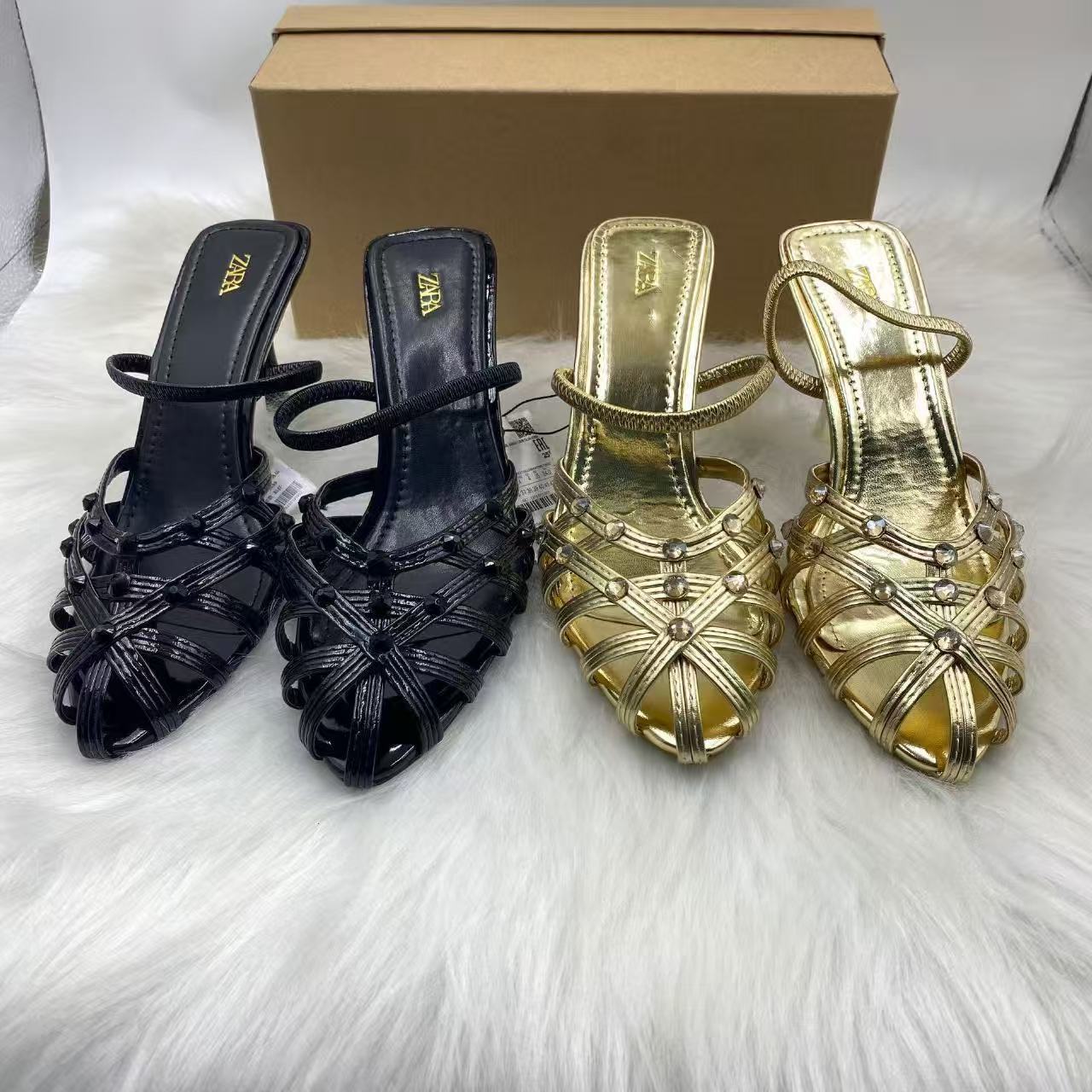 ZA Home 2025 New Cross border Independent Station Instagram Fashion Show Golden Belt Simple Open toed Women's Shoes Sandals Women
