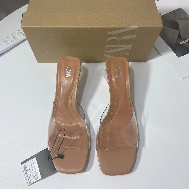 ZA Summer New Coarse Heel Women's Shoes Square Head Straightened High Heels Women's PVC Open Toe Open Heel Glass Heel Sandals Women