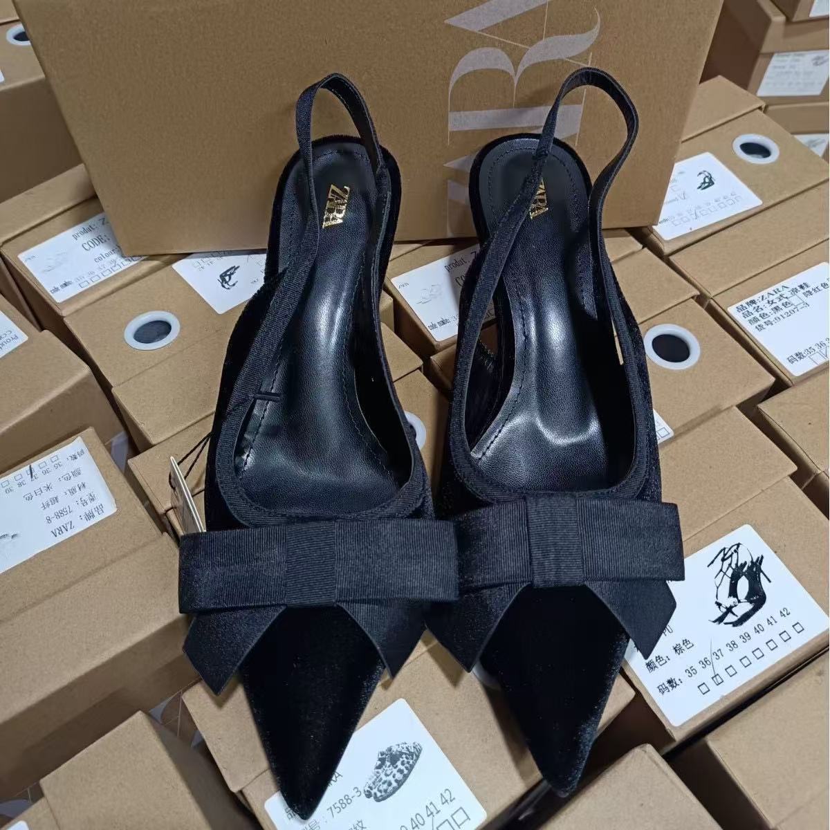ZA2024 Autumn/Winter New Women's Shoes Black Velvet Effect Bow Decoration Pointed High Heels Thin Heels Bare Heels Women's Shoes