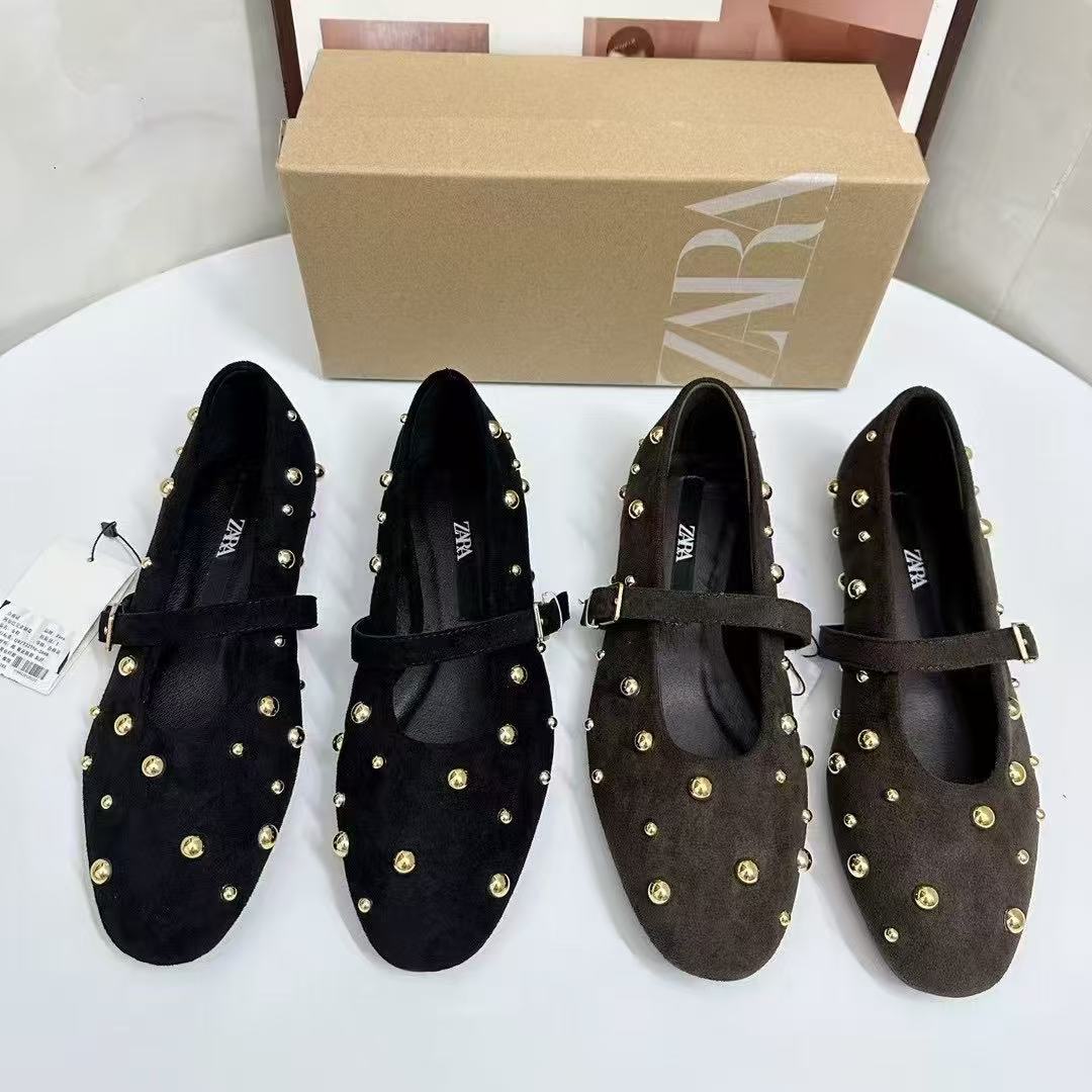 ZA Spain 2025 Summer New Product with One Word Belt Round Head Rivet Black Brown Anti Fleece Leather Ballet Flat Single Shoes for Women