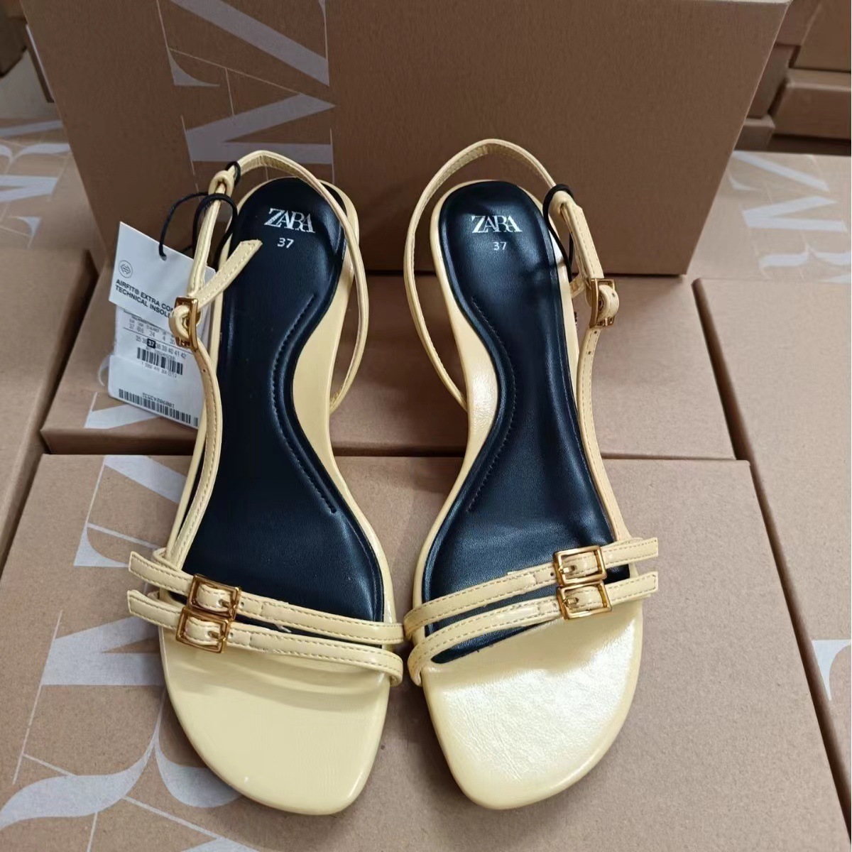 ZA women's shoes 2024 summer new product women's shoes fashion temperament yellow buckle exposed toe slim heel high-heeled sandals for women