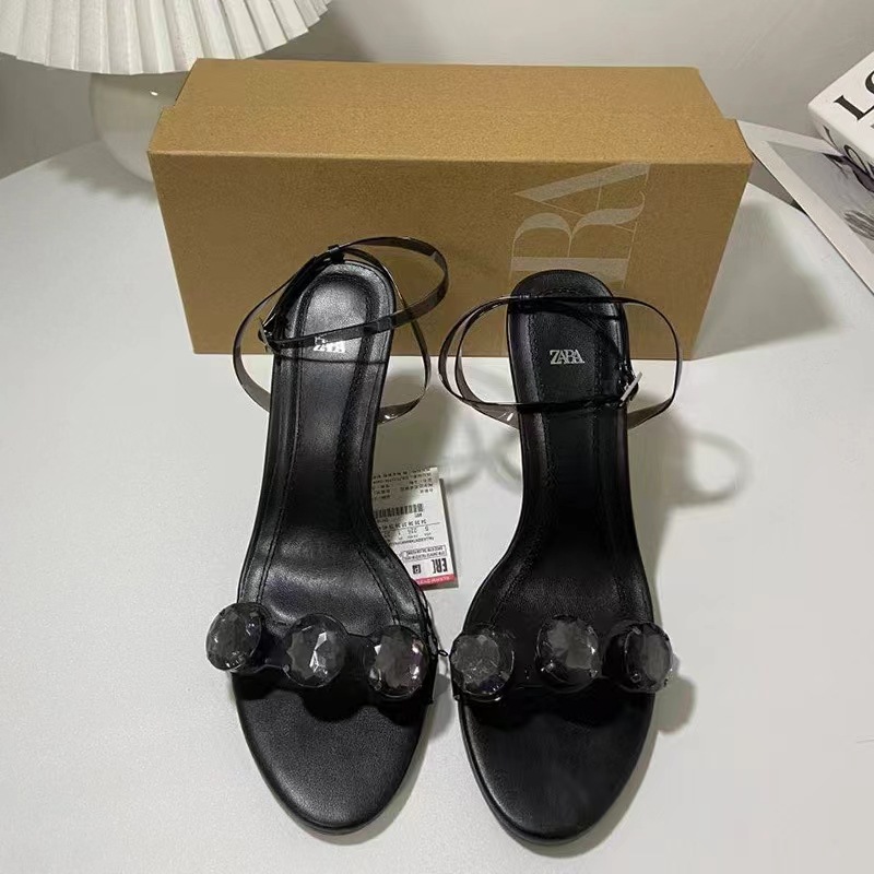 ZA2024 new summer French slim heeled women's shoes with a single strap, large diamond embellishment, round toe, and back strap, fashionable sandals for women