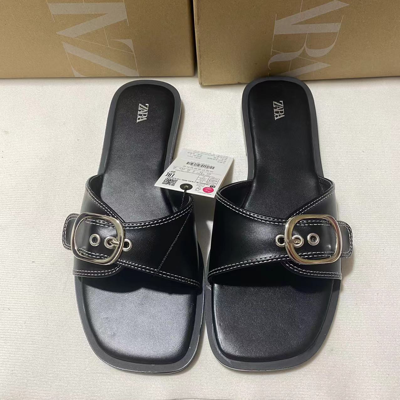 ZA2024 autumn new flat sandals with black buckle, breathable and simple design, featuring a single strap back and empty outer wear