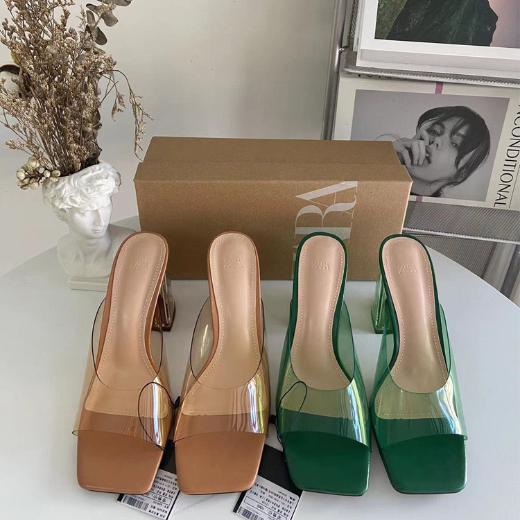 Z Home 2024 Spring/Summer Square Head with PVC Transparent High Heels, Crystal Heels, Thick Heels, Back Air Style, European and American Sandals for Women