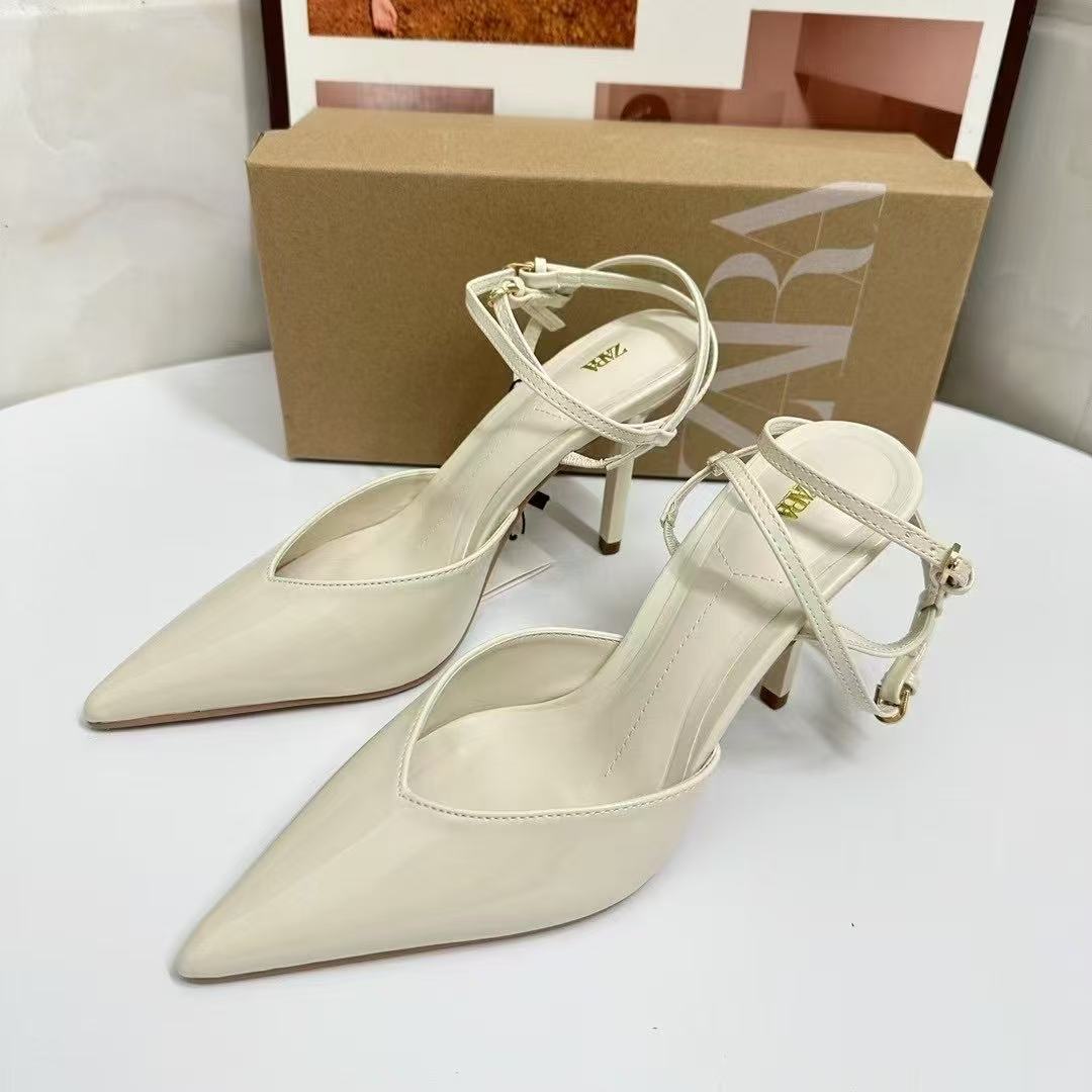 Za2025 Spring New Product: Lacquered Leather Effect with Decorative Pointed High Heels, Dew Heels, Fine Heels, Muller Shoes, Headless and Empty Sandals