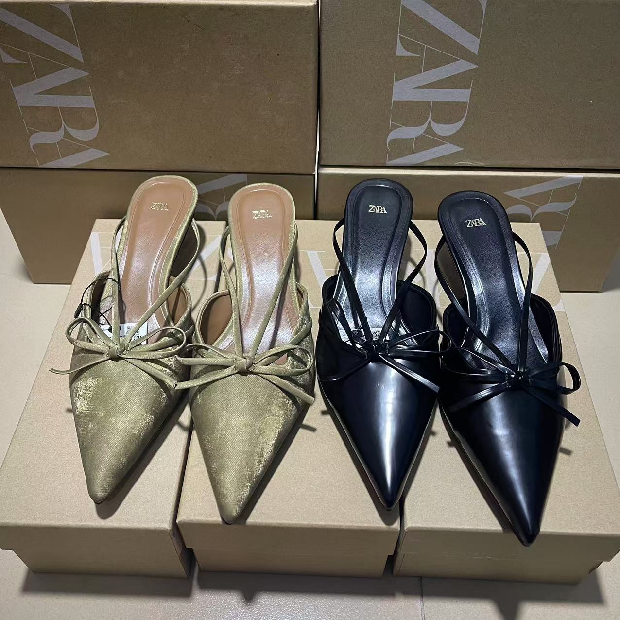 ZA2024 Autumn New Bow Pointed High Heels Women's Cat Heels Muller Shoes Non tiring Foot Temperament Baotou Sandals