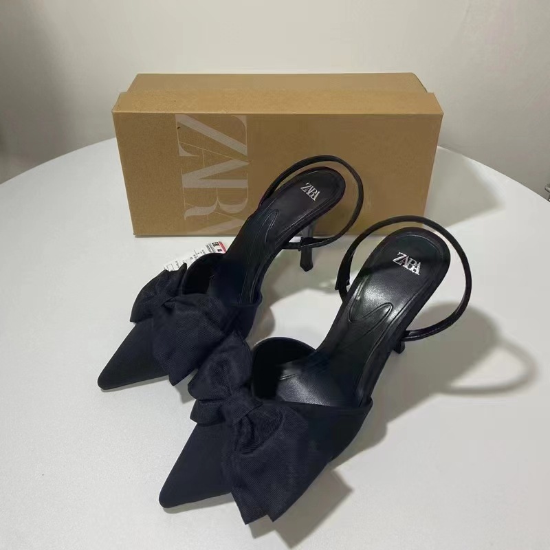 ZA autumn new 2023 French high-heeled pointed bow decoration shallow mouth exposed heel niche design slim heel sandals for women