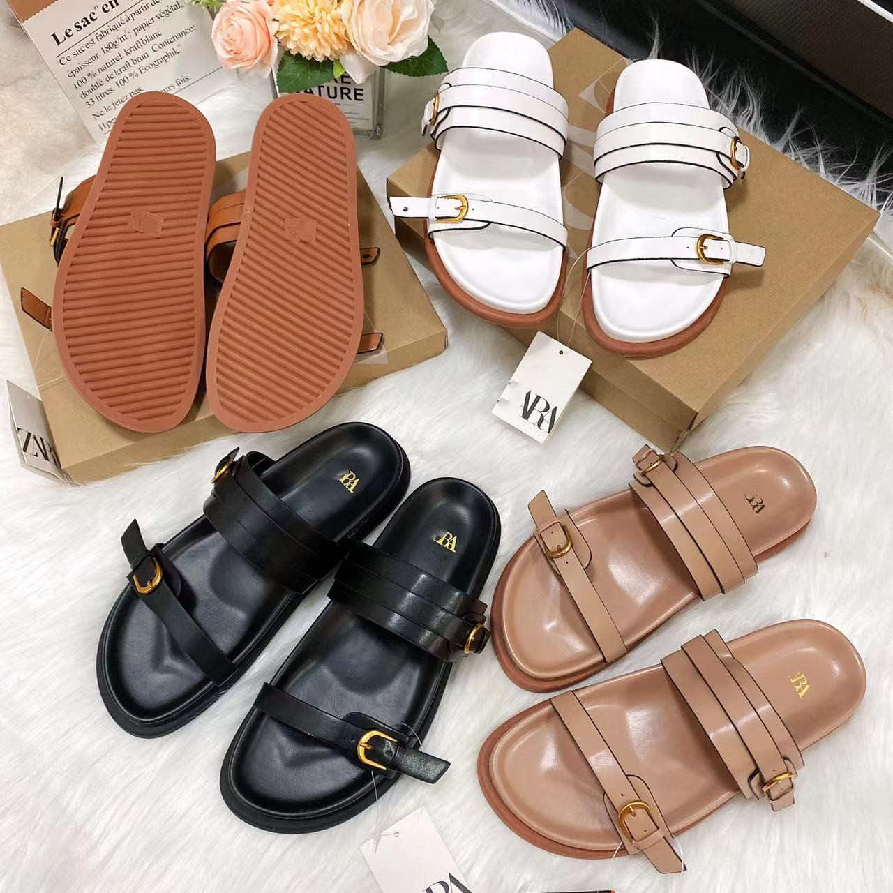 Ins cross-border new European and American plus size sponge cake one line slippers solid color flat bottom decoration buckle thick bottom women's shoes